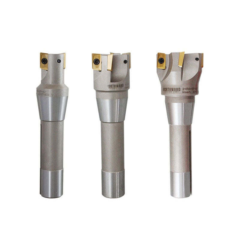 1", 1-1/2" and 2" 90 Degree R8 Shank Indexable End Mills with Carbide APKT Inserts