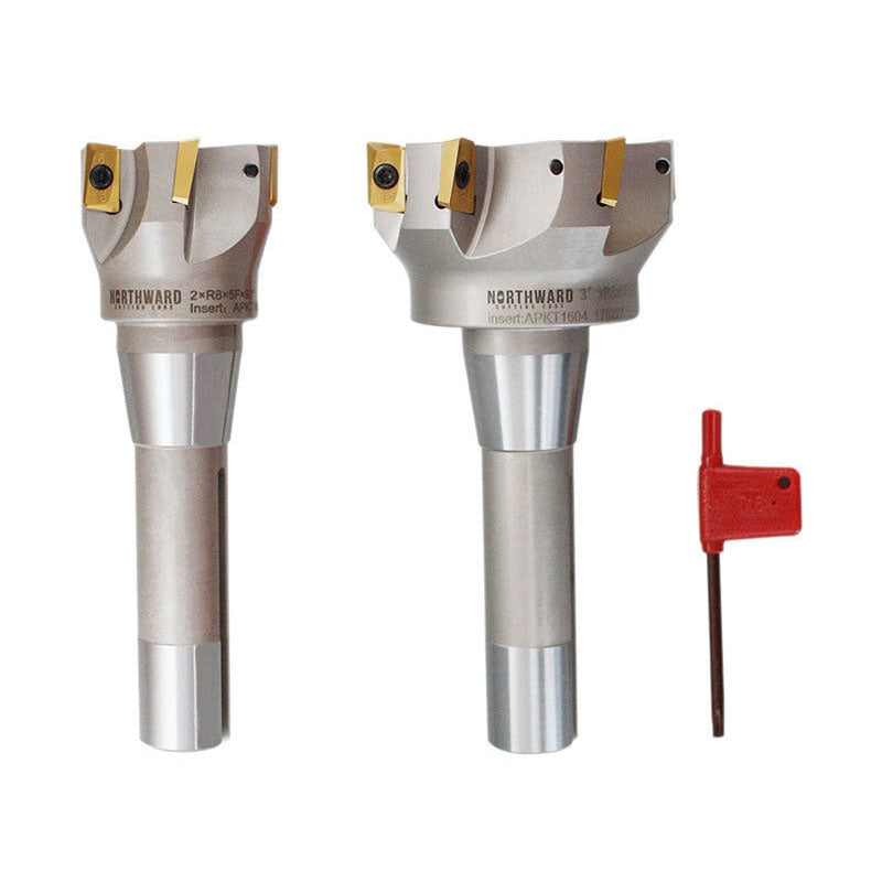 2" x 6-1/8" & 3" x 6-1/4" 90 Degree R8 Shank Indexable End Mills w/ APKT1604 Carbide Inserts, #0028-6906+6908