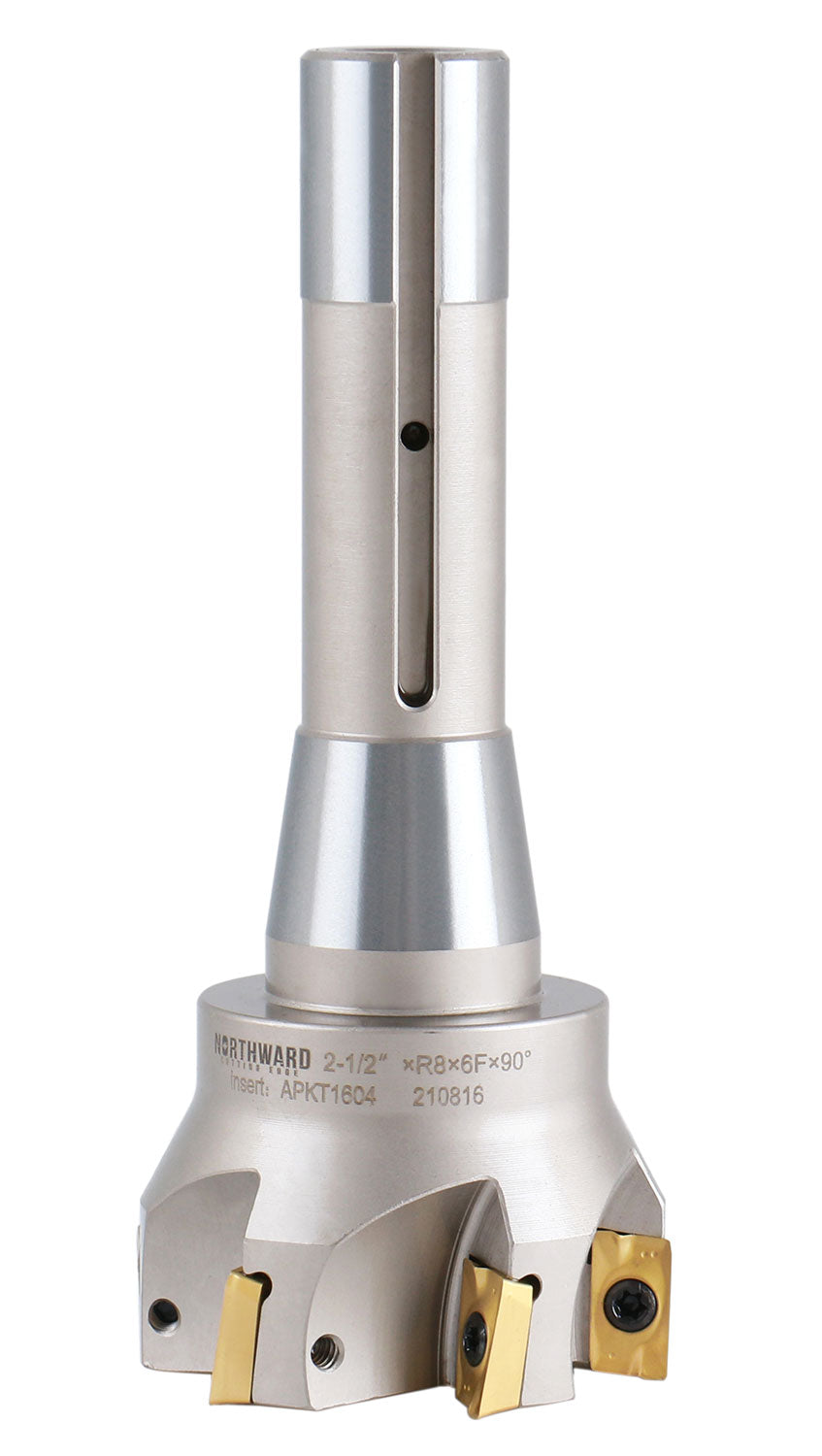 2-1/2'' x 6-1/8'' 90 Degree R8 Shank Indexable End Mills with 6 APKT1604 carbide Inserts installed, #0028-6907