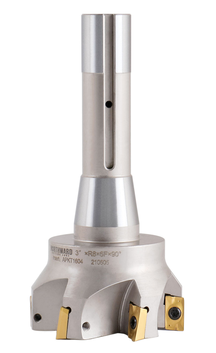 3" x 6-1/4" 90 Degree R8 Shank Indexable End Mills with 6 APKT1604 carbide Inserts, #0028-6908