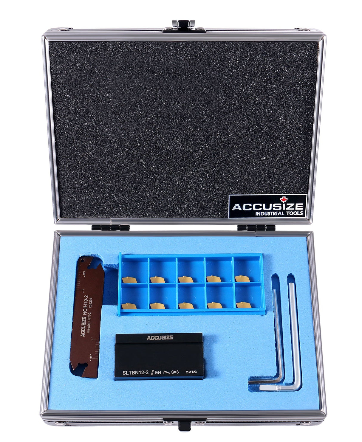 1/2" Self-Lock Carbide Cut-Off Tool set; SLTBN 12-2 (1/2") Tool Block includes 1 Pc NCIH-19-2 blade + 10 Ps Tin Coated Carbide inserts GTN-2 C5 0.087 width, #2410-0012