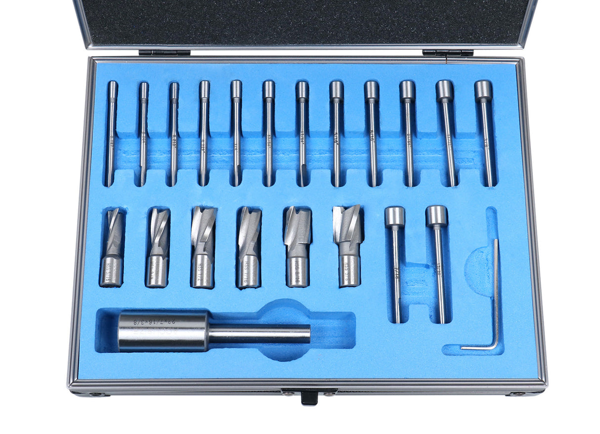 21 Piece High Speed Steel Interchangeable Pilot Counterbore Set, Imperial Size & Metric Size