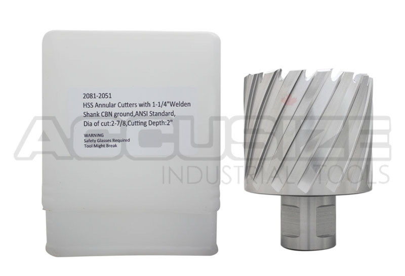 2" Cutting Depth, H.S.S. Annular Cutters with 3/4" or 1-1/4" Weldon Shank, CBN Ground, ANSI Standard