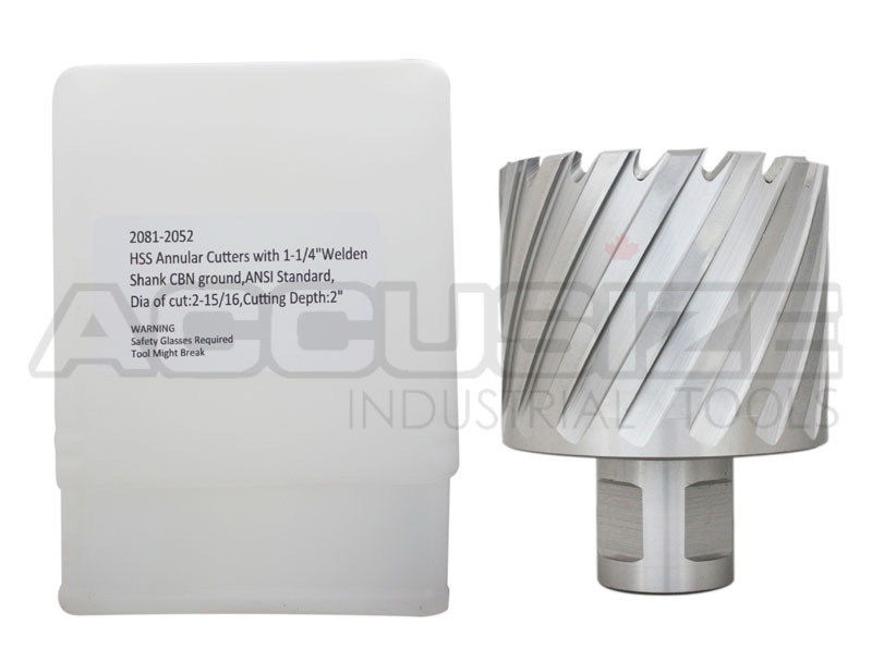 2" Cutting Depth, H.S.S. Annular Cutters with 3/4" or 1-1/4" Weldon Shank, CBN Ground, ANSI Standard