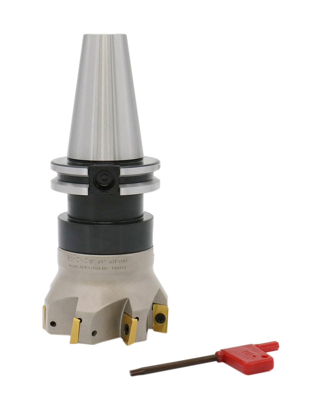 3" Dia. 7 FLute, 90° Square Shoulder Indexable Face Mill with 7pc APKT1604 Inserts Installed with Caterpillar V-Flange CAT-40 Face Mill Holder, #7104-4518