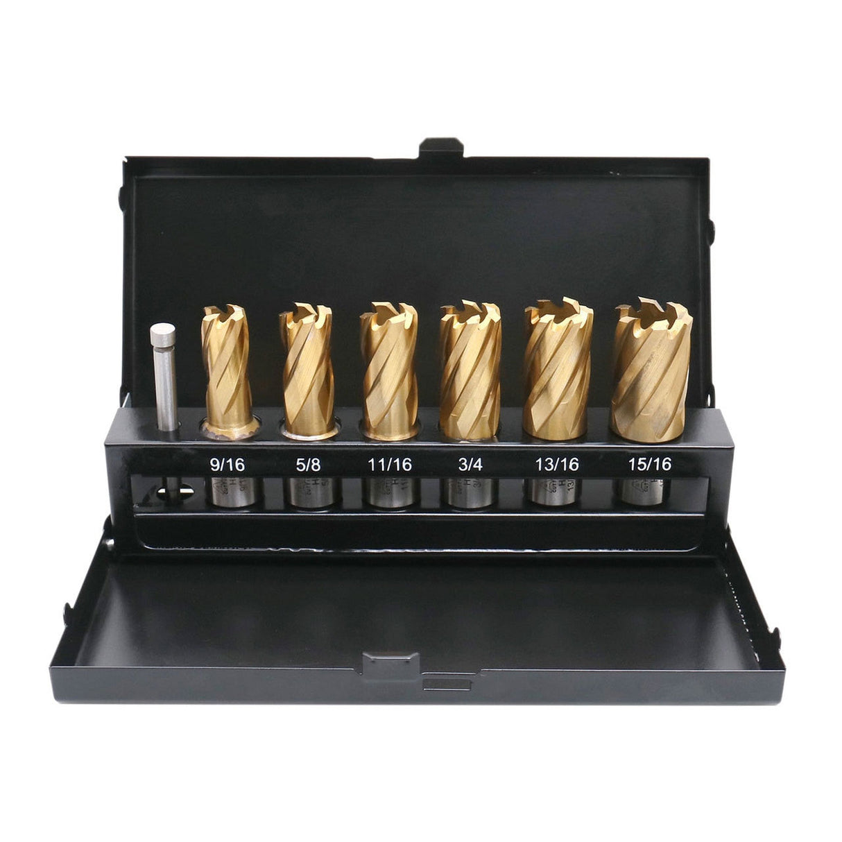 7 pc TiN Coated H.S.S. Annular Cutter Set w/ 3/4'' Weldon Shank, 9/16" to 15/16", 1 Pilot Pin, BC01-1000