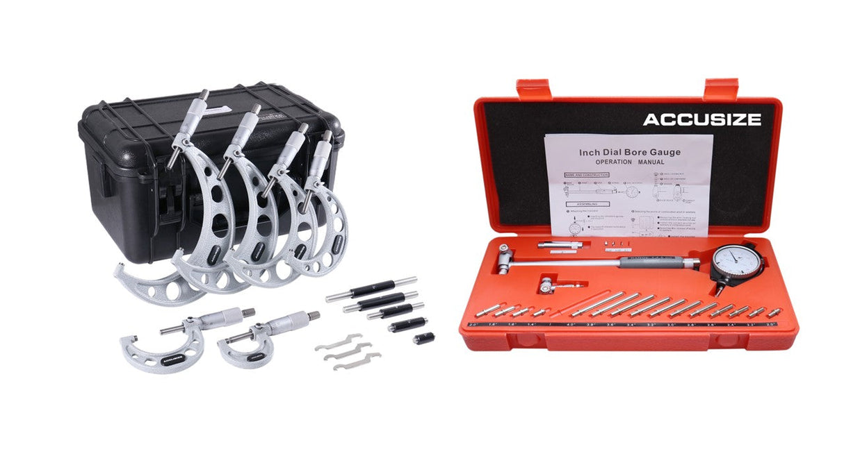 0-6" 6 Ultra-Precision M-Type Outside Micrometers plus 1 pc Dial Bore Gauge, 1.4-6" X 0.0005" Graduation Interval, EG00-0906+EE20-1406