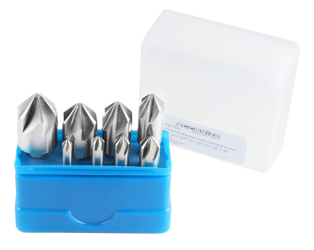 6 Flute HSS Machine Countersinks Sets, 8 pcs/Set