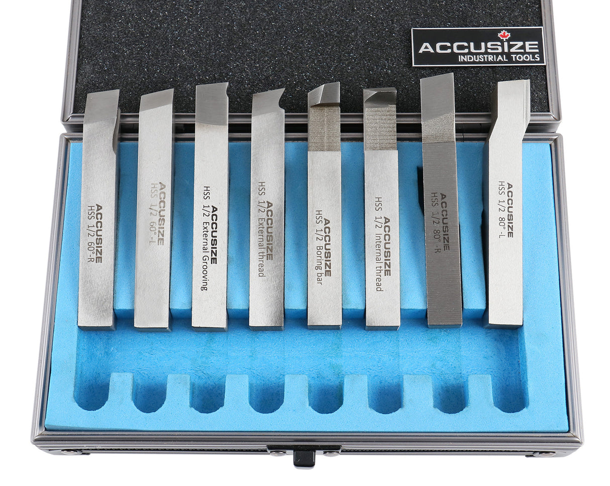 8 pcs H.S.S. Tool Bit Set, Pre-Ground for Turning & Facing Work, 1/4", 5/16", 3/8" & 1/2"