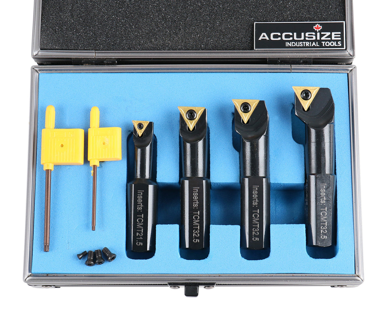 4pc Indexable Stubby Length Boring Bar Set, w/ Carbide TiN Coated TCMT Inserts and Extra Screws