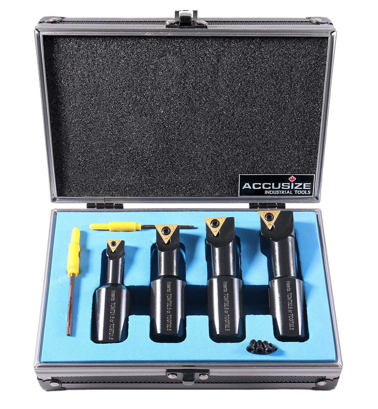 4pc Indexable Stubby Length Boring Bar Set, w/ Carbide TiN Coated TCMT Inserts and Extra Screws