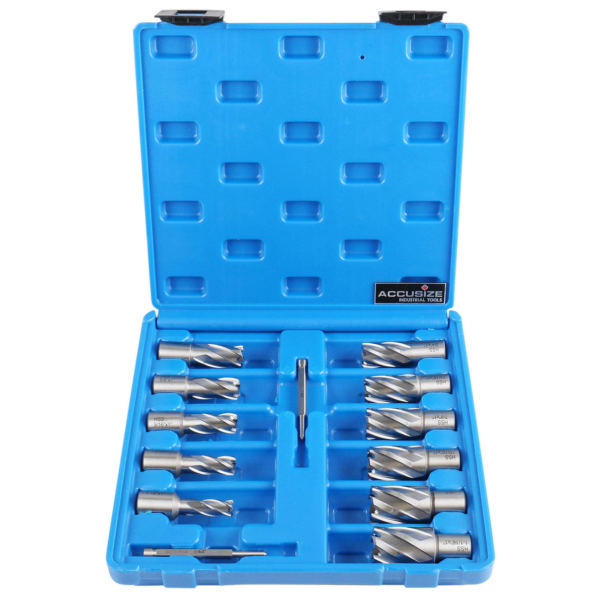 13 Pc/Set, 7/16" to 1-1/16" HSS Annular Cutters, 1" Cutting Depth with 2 Pilot Pins in Strong Plastic Box, #N10